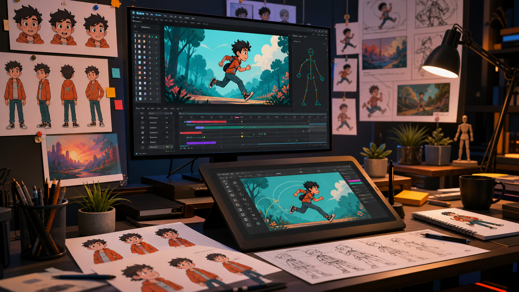 2D animation scene with characters, frames, and colorful motion elements