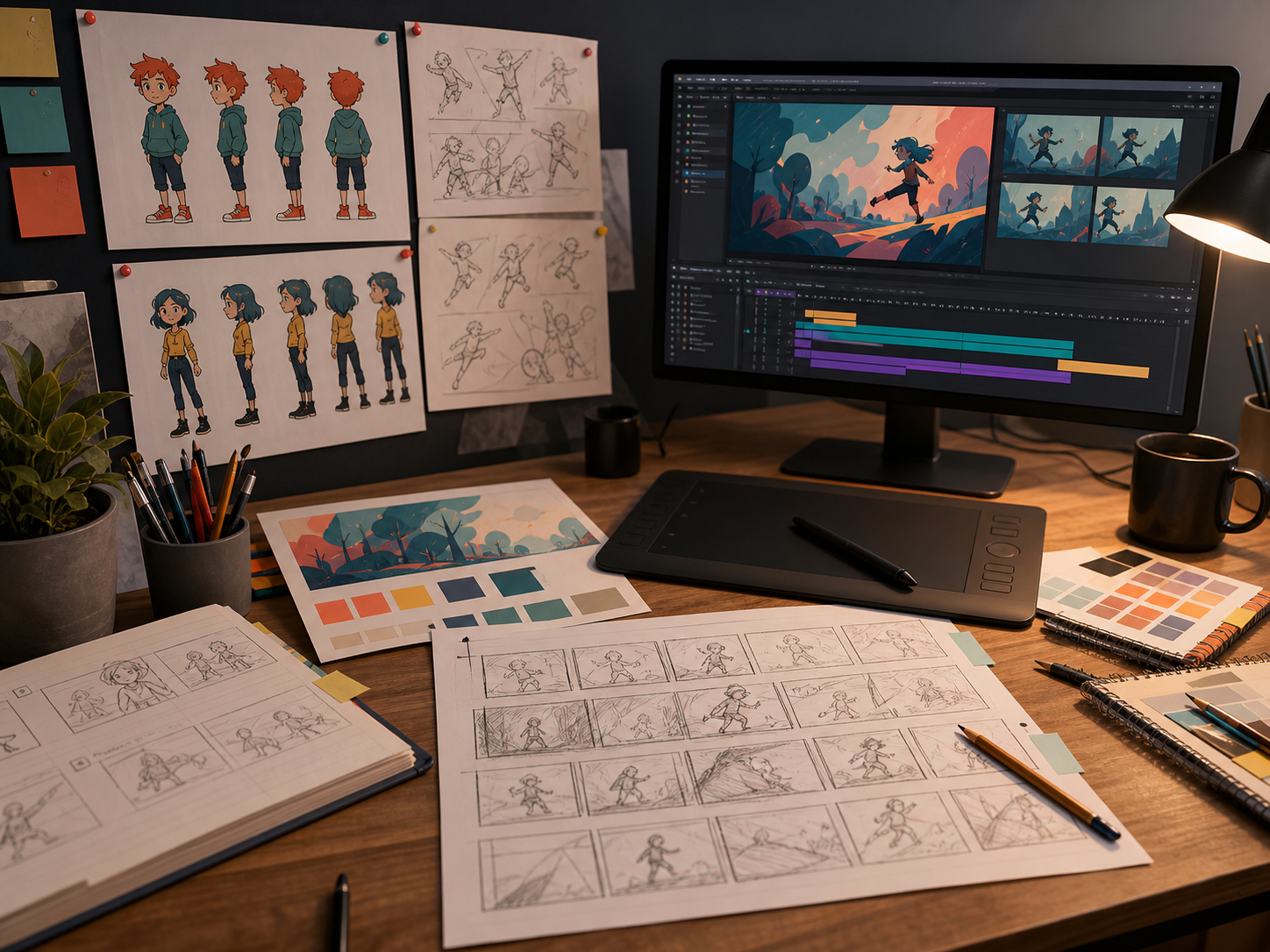 2D animation storyboard with character frames and production notes