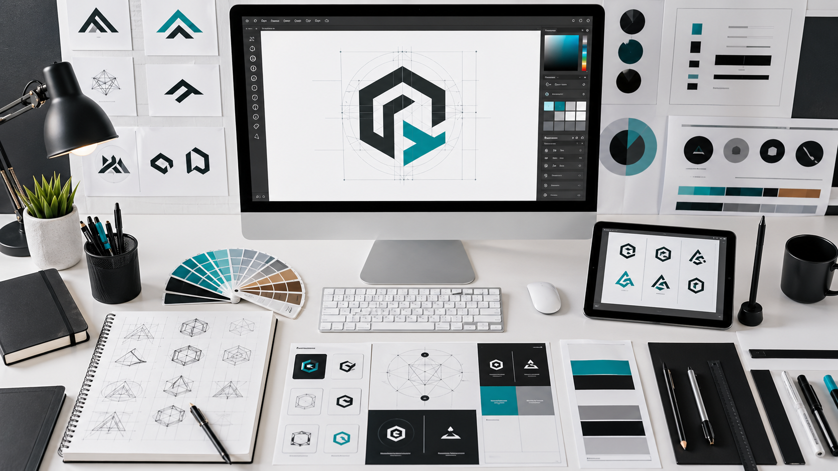 Professional 2D logo design concepts, vector grids, and brand color palettes