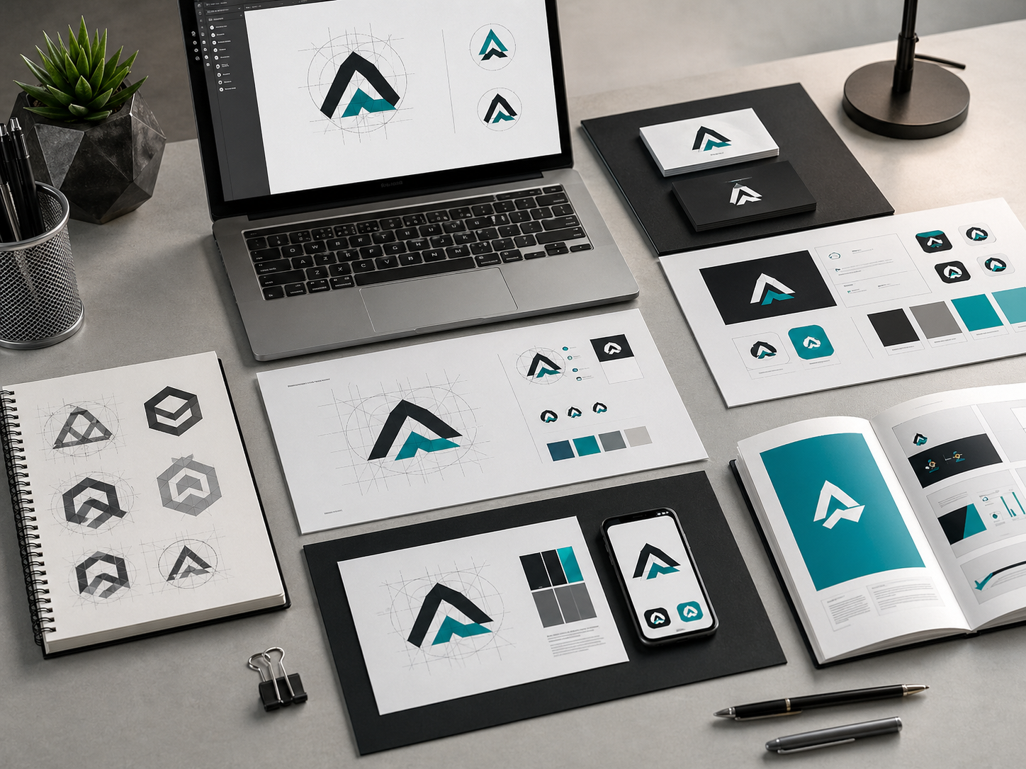 2D logo identity package with concept boards, grids, colors, and brand applications