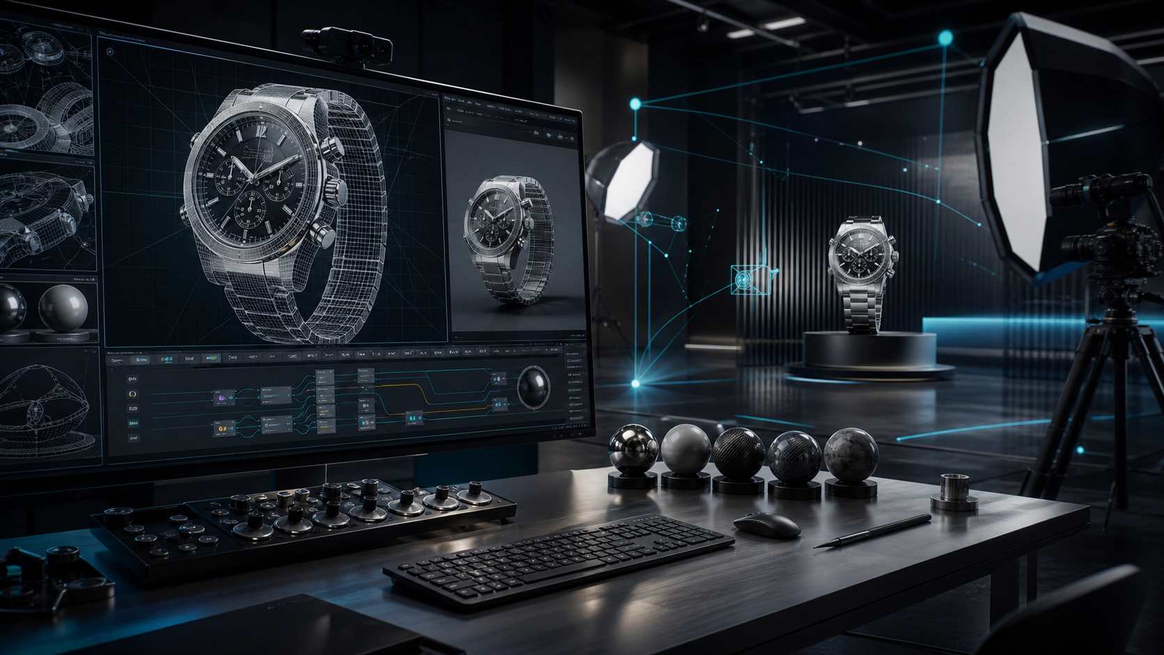 3D animation production with product model, lighting, and rendered frames
