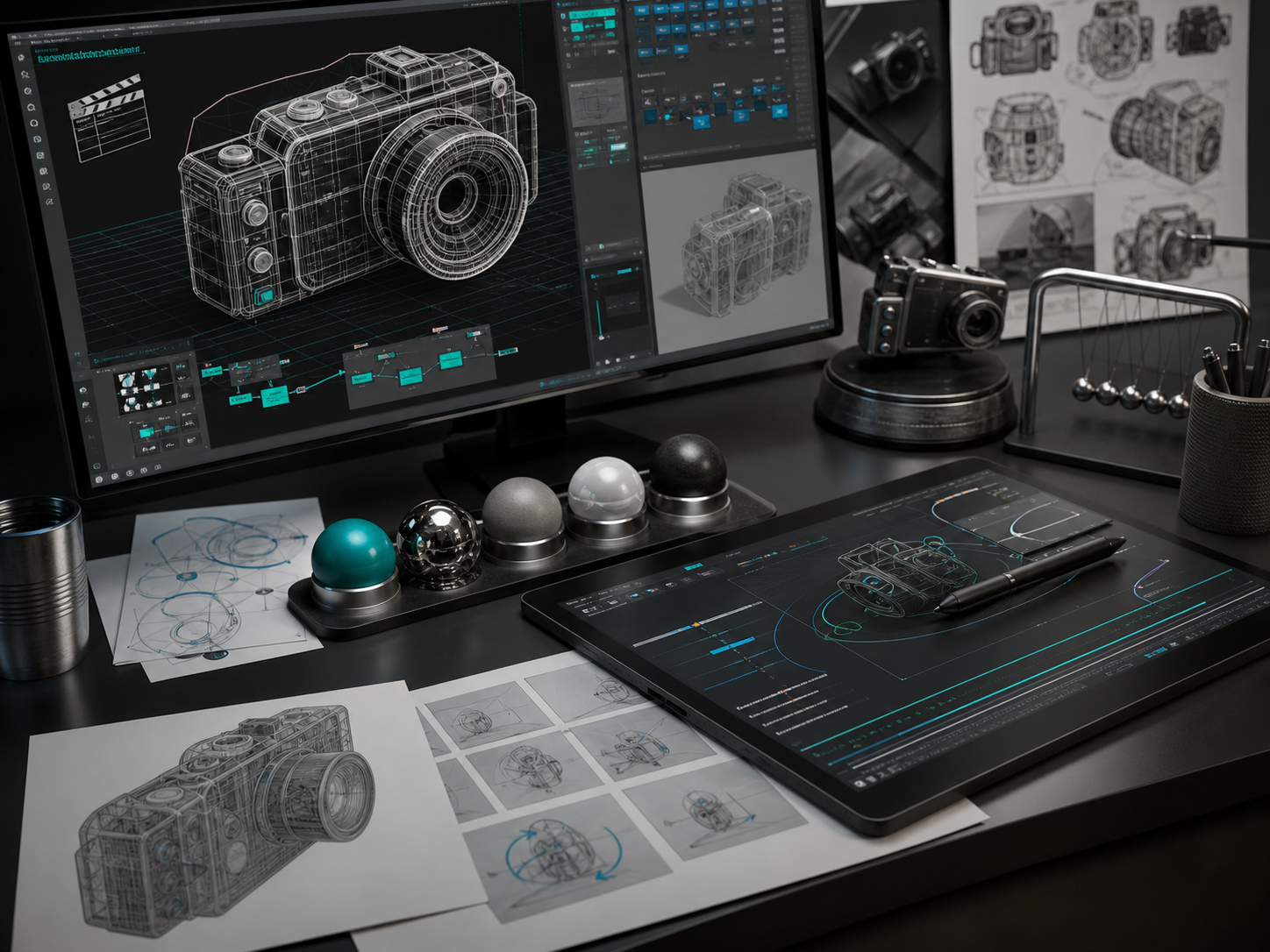 3D animation workflow with model, camera path, materials, and render preview