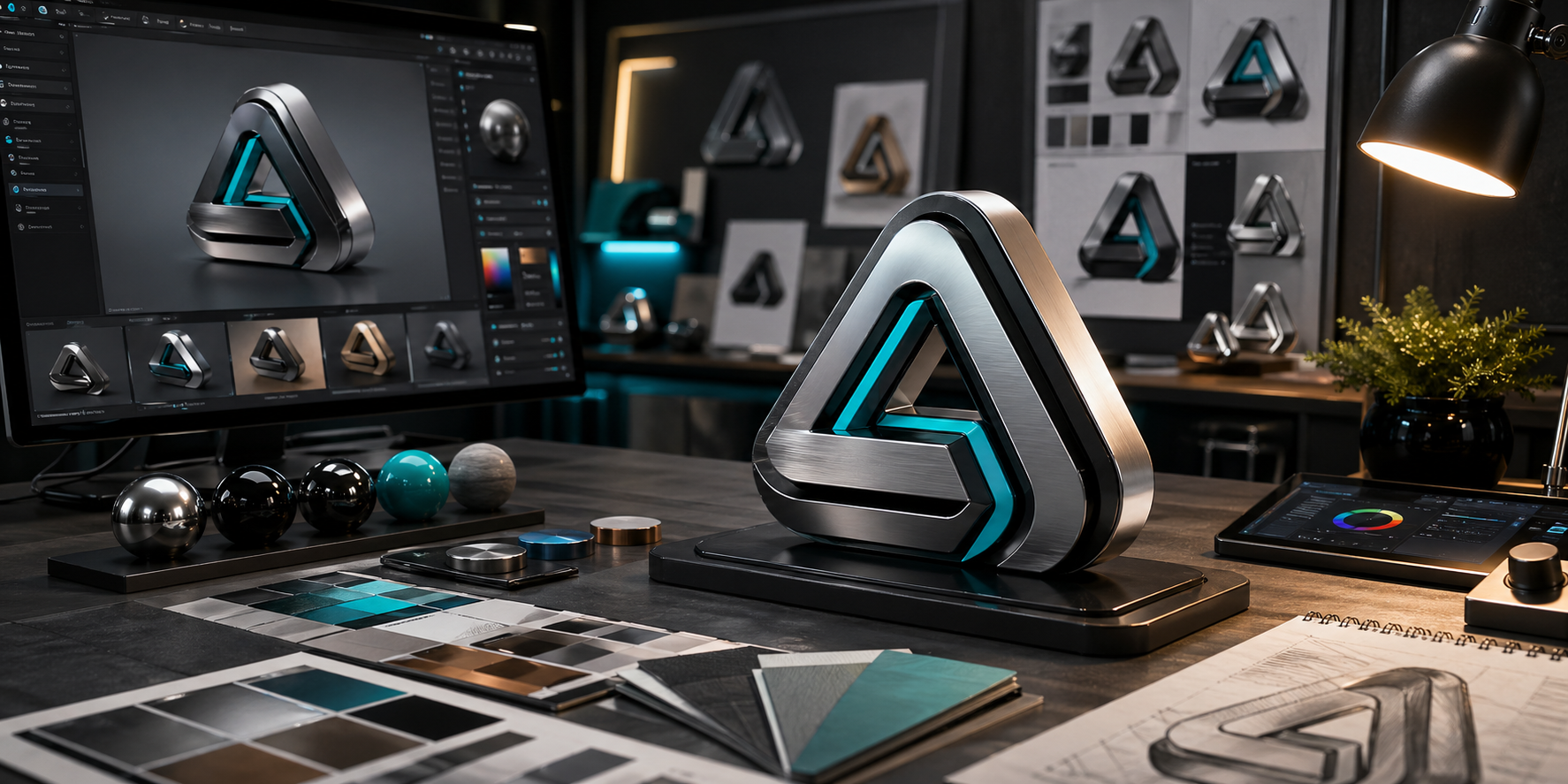 Premium 3D logo design workstation with dimensional brand renders and material studies