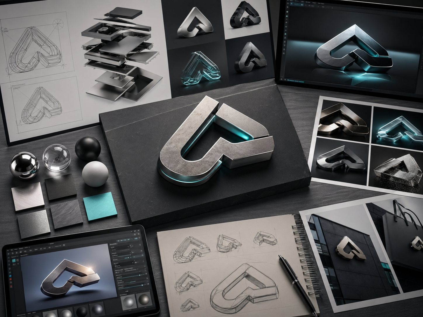 3D logo rendering package with material samples, lighting passes, and final brand applications