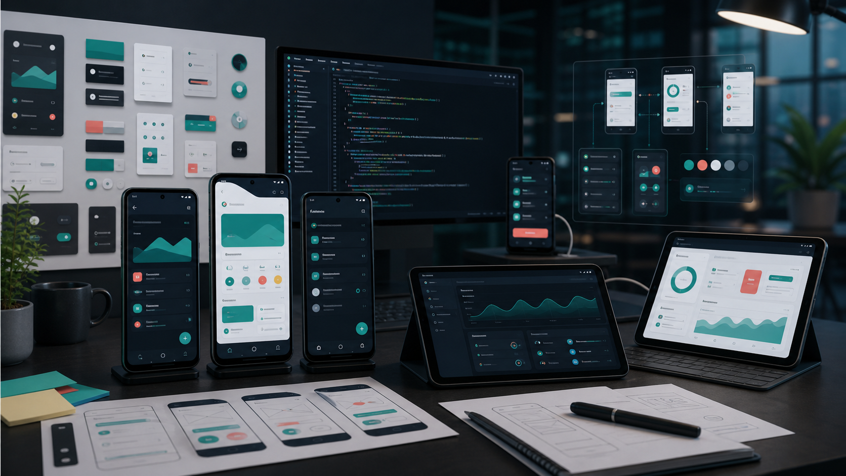 Android app development workspace with Android device previews and mobile UI components