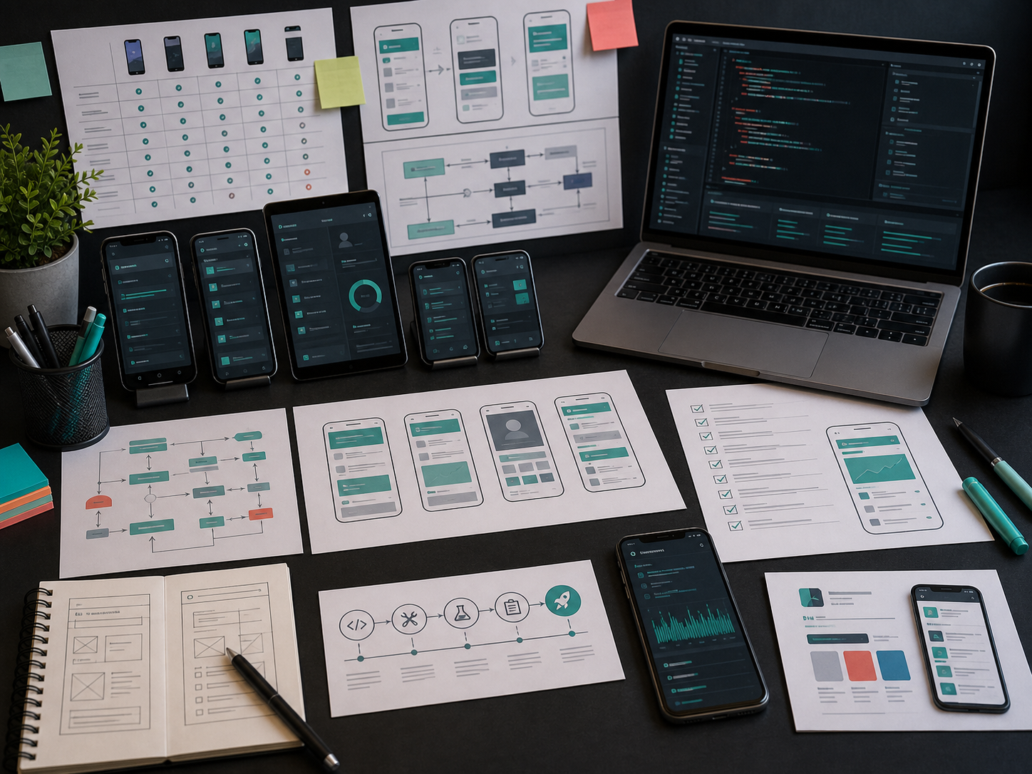 Android app development process with device testing, wireframes, and release planning