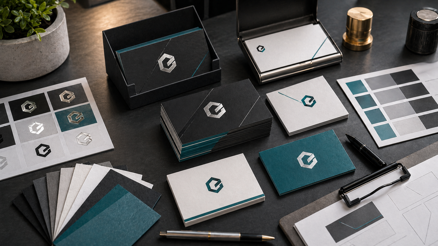 Premium business card design mockups with paper stocks and foil finish samples
