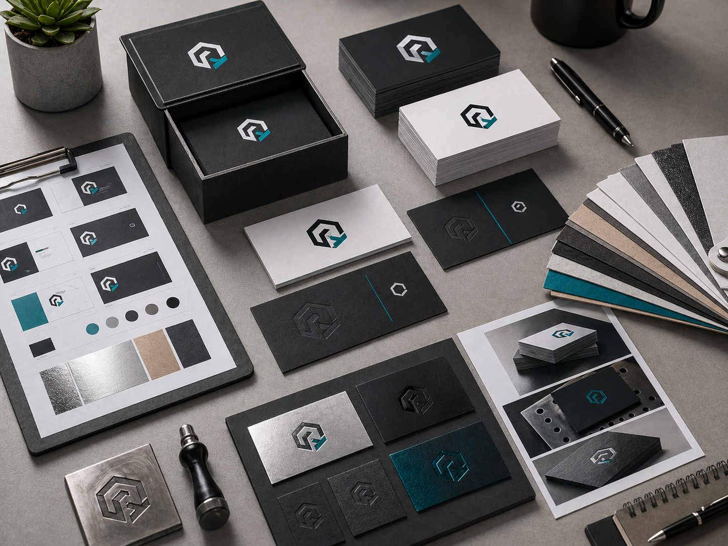 Business card design package with front and back layouts, paper stock, and print finish samples