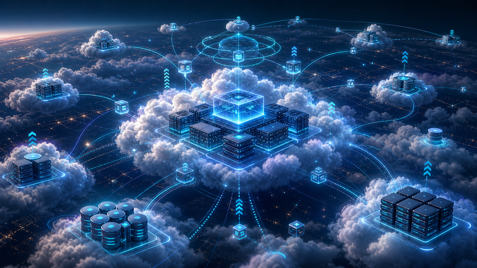 Cloud hosting infrastructure with distributed nodes, elastic scaling, and load balancing