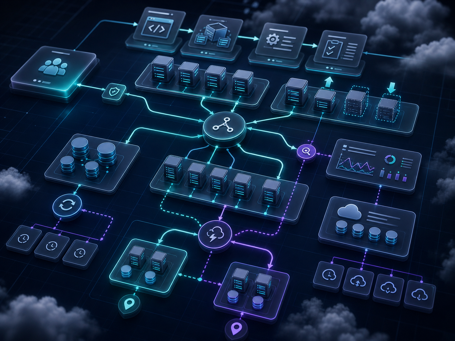 Cloud hosting deployment workflow with scaling, monitoring, backups, and failover planning