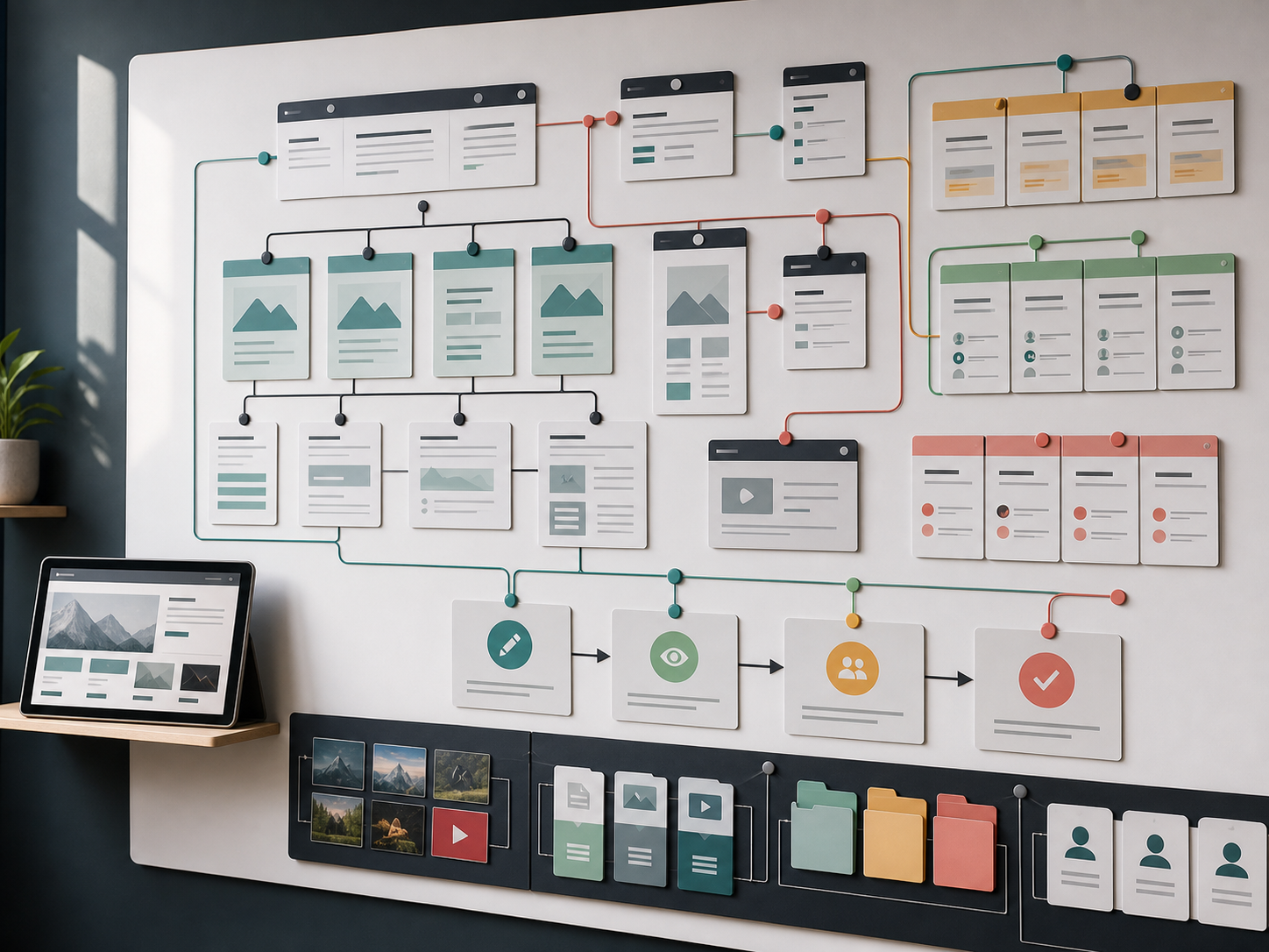 CMS development process with content model cards, permissions, templates, and publishing flow