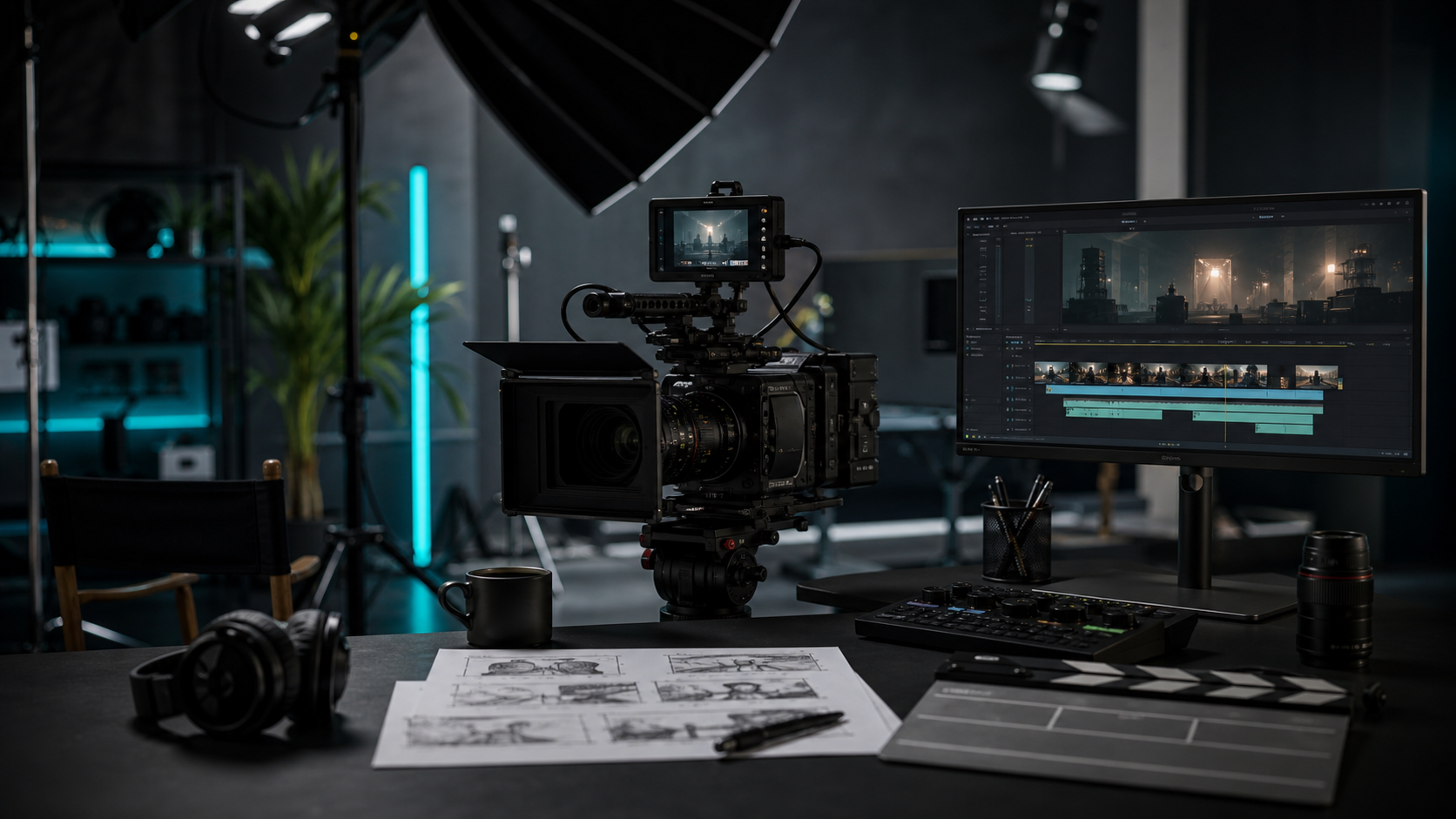Corporate video production workspace with camera, lights, and edit timeline