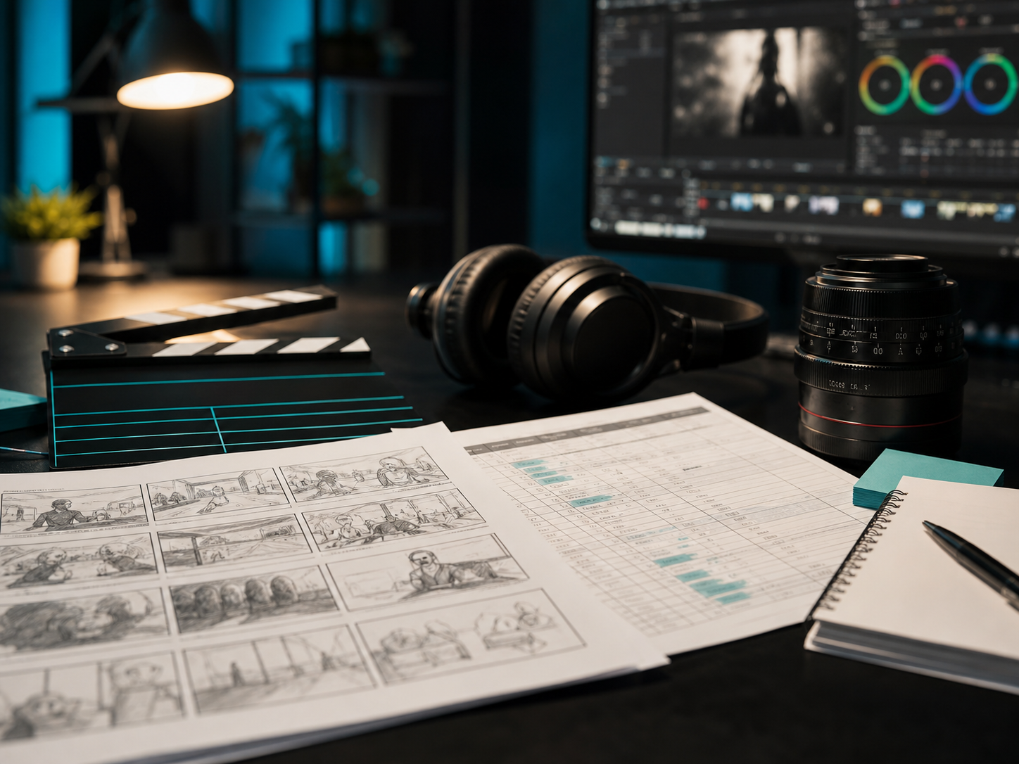 Corporate video planning with storyboard, script notes, and production timeline