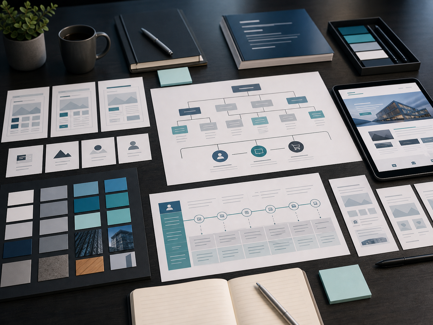 Corporate web design process with sitemap, content architecture, and brand UI system