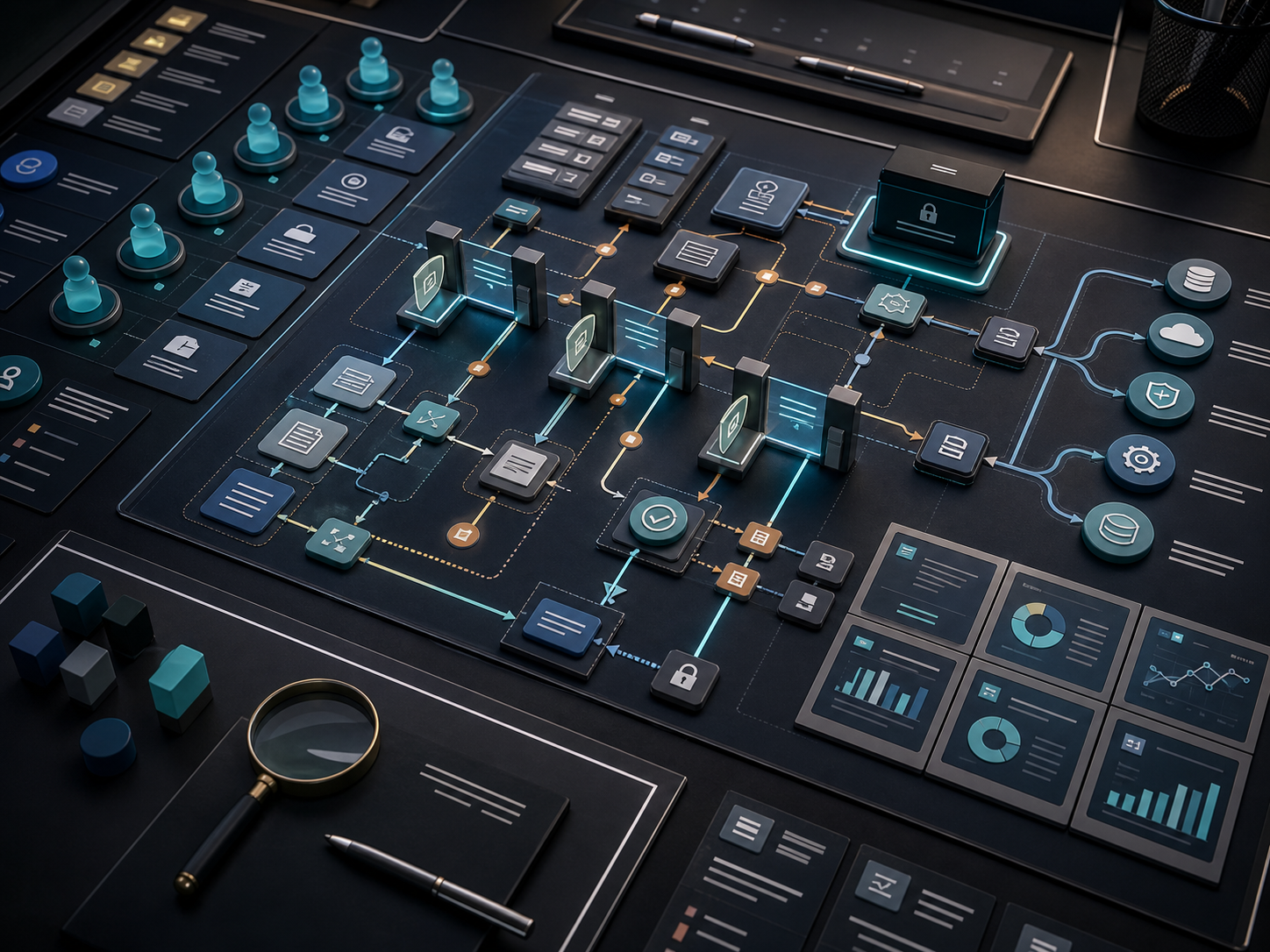 Custom portal development process with permissions map, workflow lanes, integrations, and data model