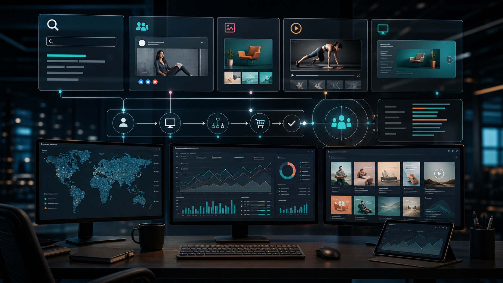 Digital advertising command center with multi-channel campaign creative and performance dashboards
