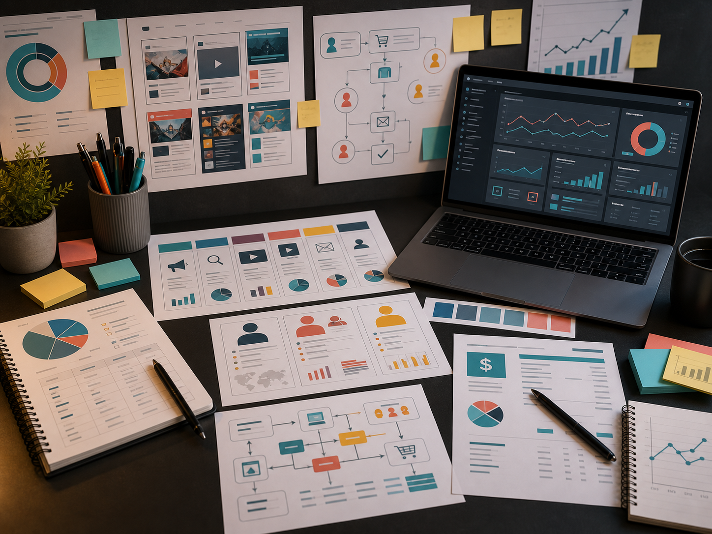 Digital advertising workflow with audience targeting, creative concepts, and media planning