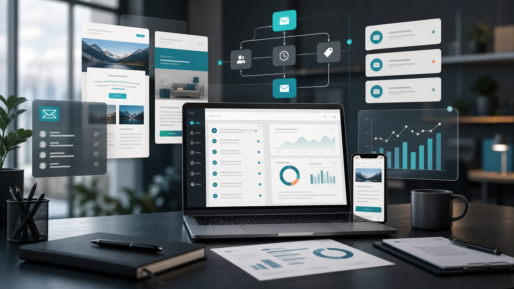 Email marketing campaign dashboard with newsletter design, automation flow, and audience segments