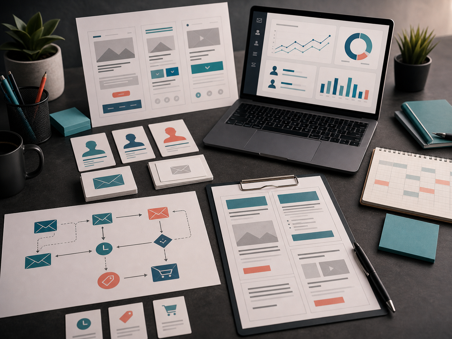 Email marketing workflow with campaign calendar, segmentation cards, and automation planning
