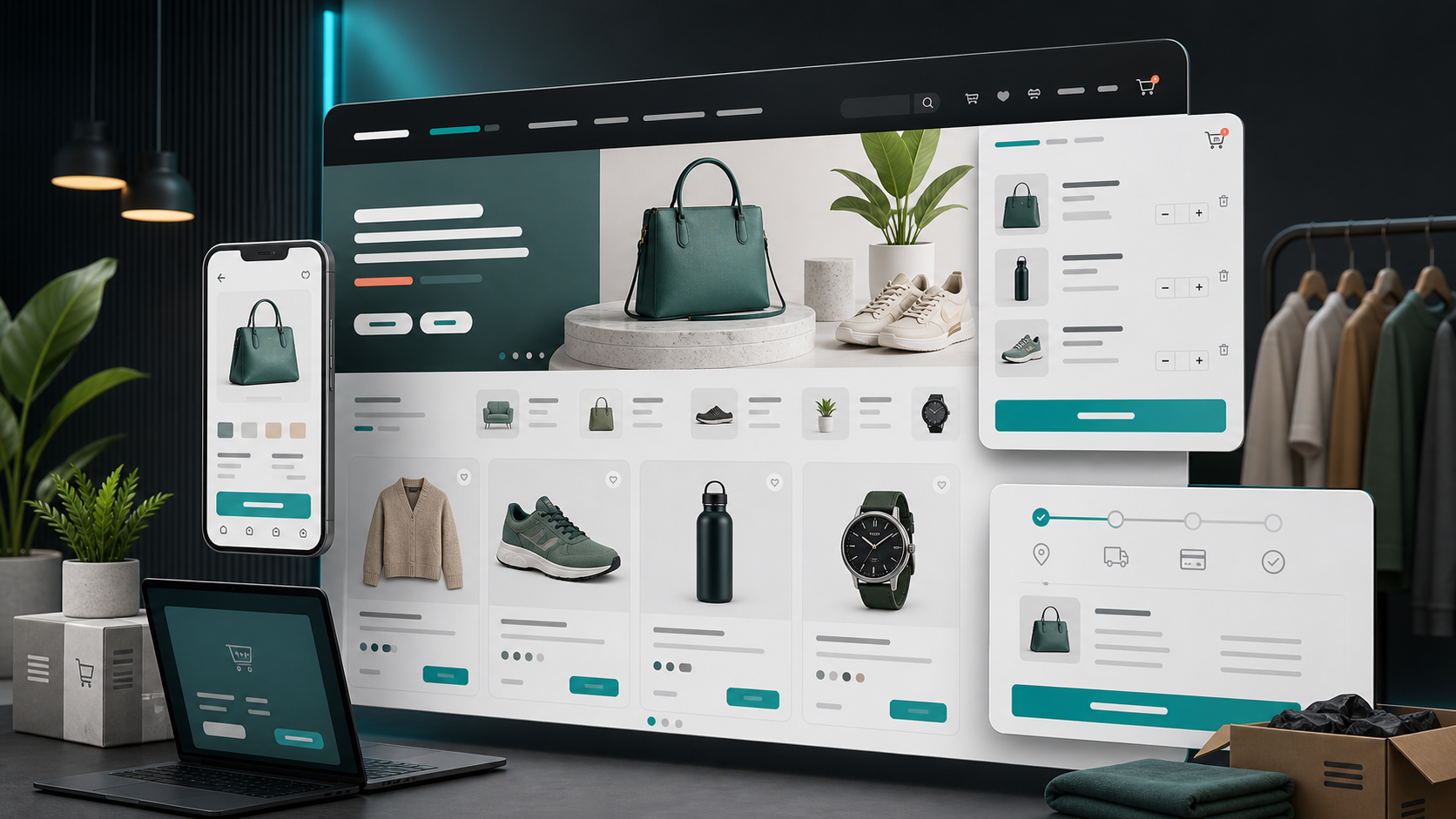 Ecommerce web design with product grid, checkout flow, and shopping interface concepts