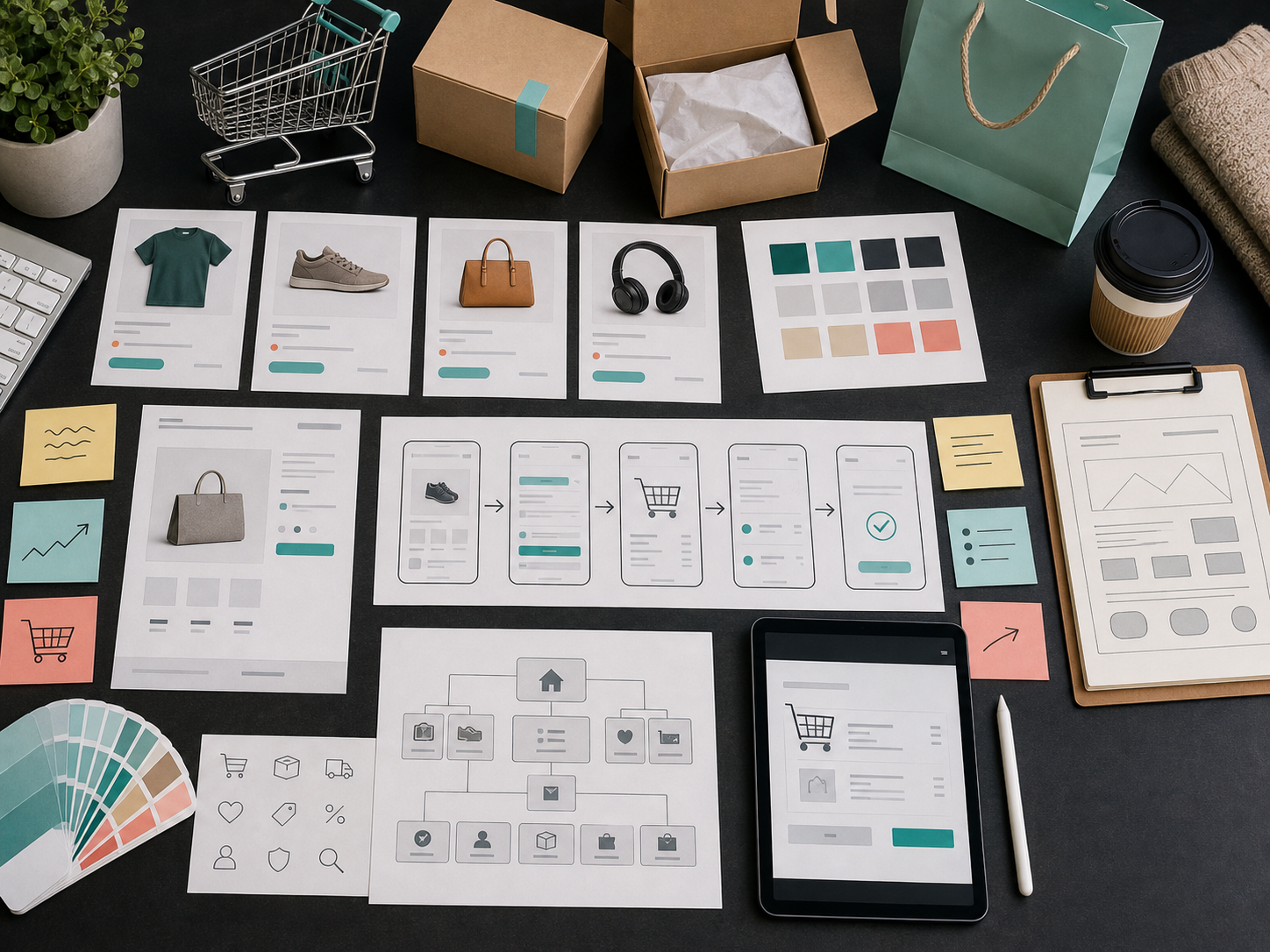 Ecommerce web design process with product page wireframes, cart flow, and conversion planning
