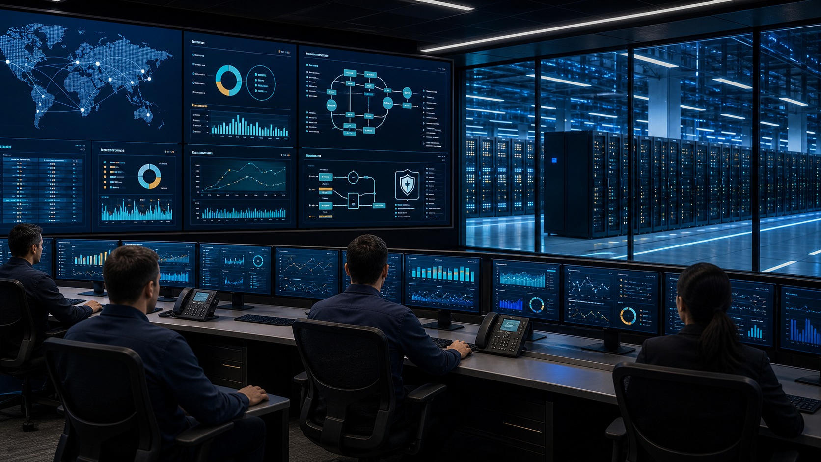 Enterprise hosting command center with redundant infrastructure, security, compliance, and uptime monitoring