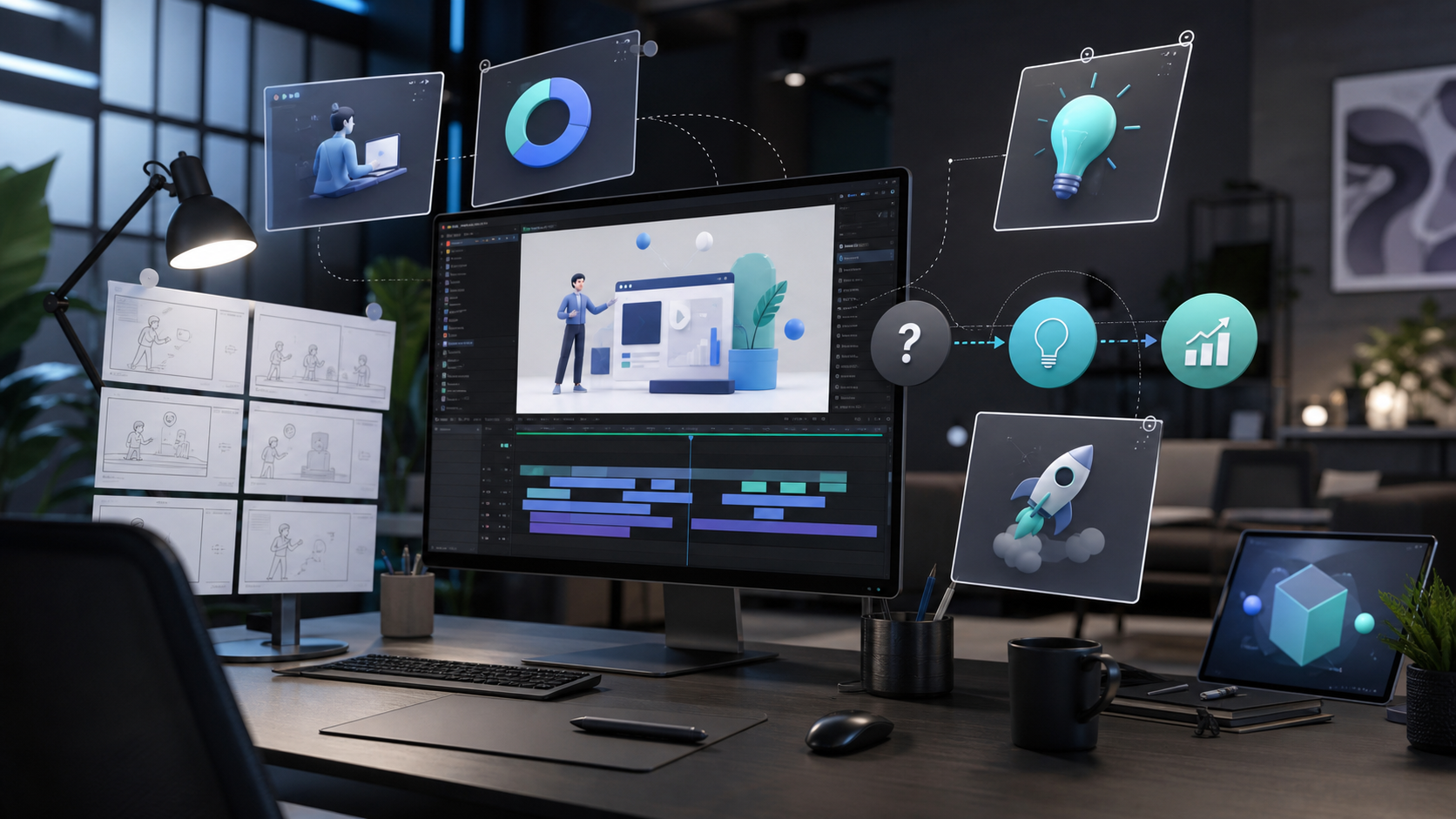 Explainer video concept with animated product screens and storyboard cards