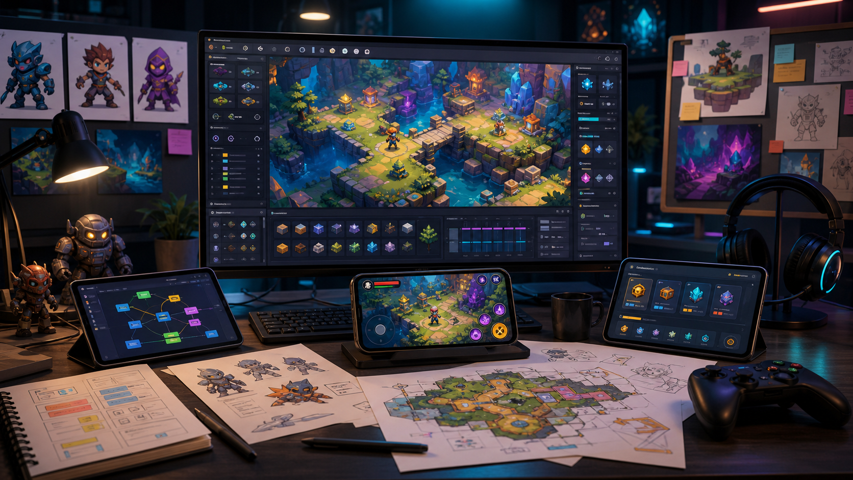 Game app development studio with gameplay prototype, character art, and level design screens