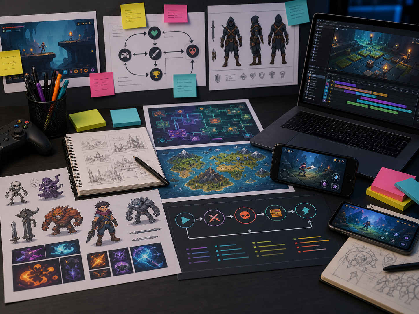 Game app development workflow with level maps, character sheets, and playtesting devices