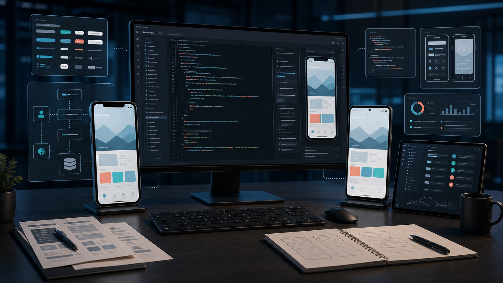 Hybrid app development workspace with shared codebase and iOS Android device previews