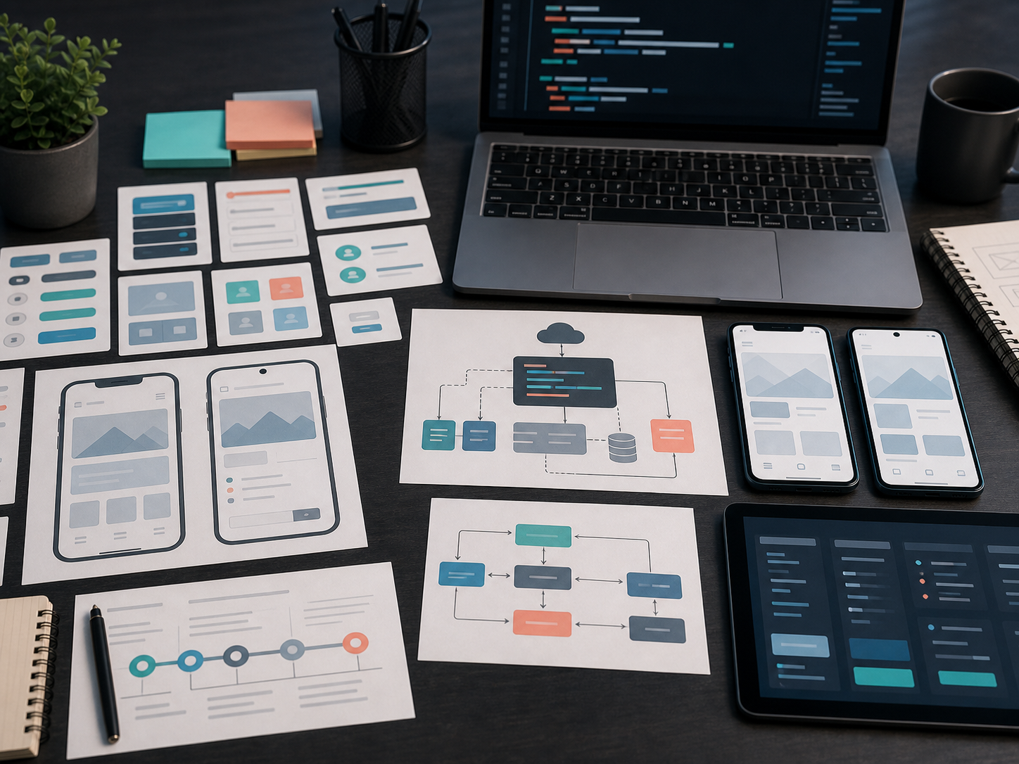 Hybrid app development workflow with cross-platform UI, reusable components, and test devices