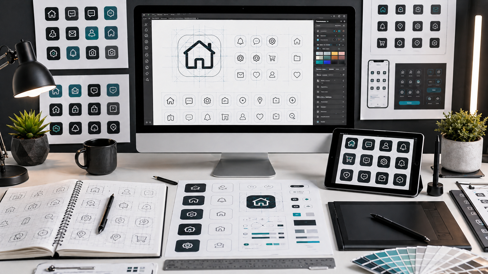 Custom icon design workstation with vector grids, interface symbols, and app previews