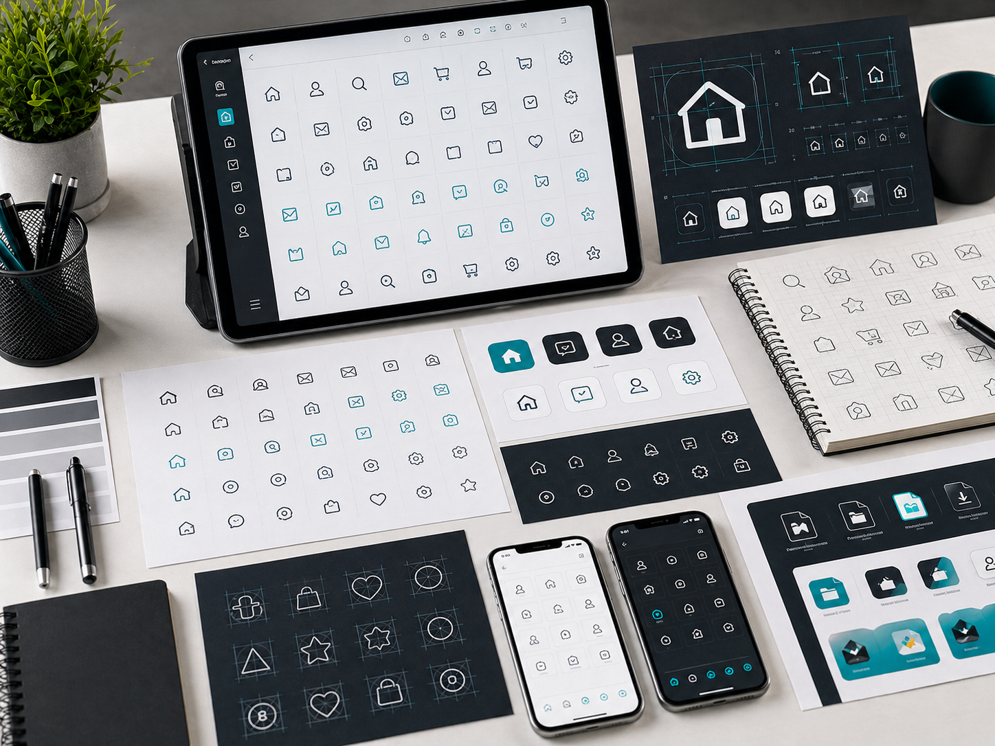 Custom icon system package with grids, vector outlines, interface previews, and export boards