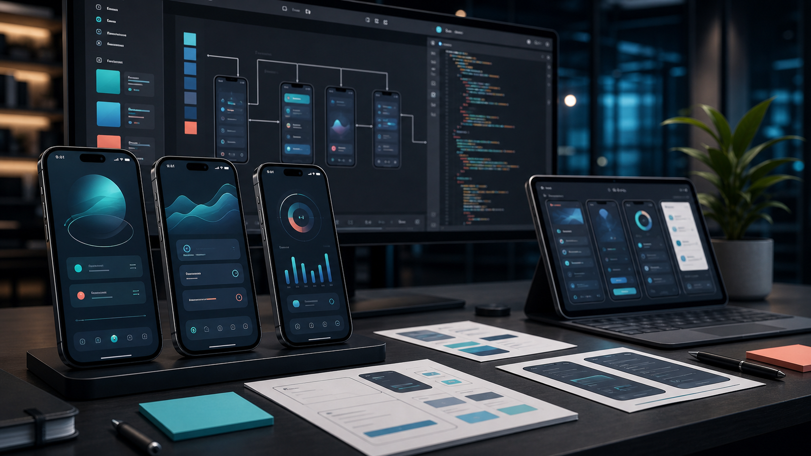 iPhone app development workspace with iOS interface screens and Apple device previews