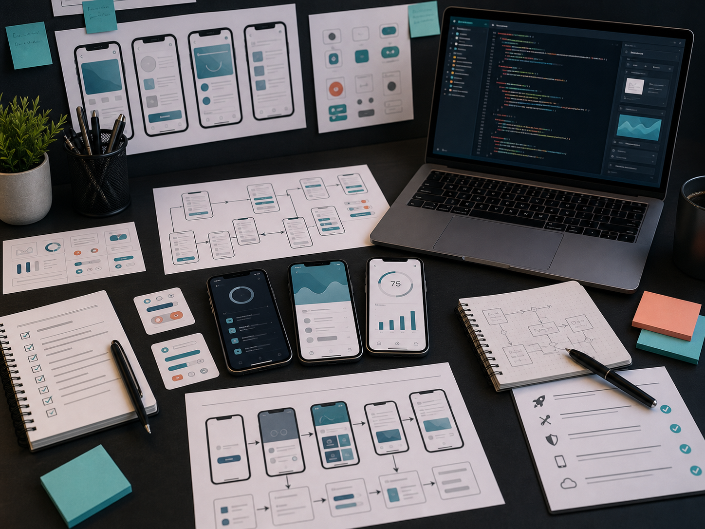 iPhone app development process with iOS wireframes, design system, and testing devices