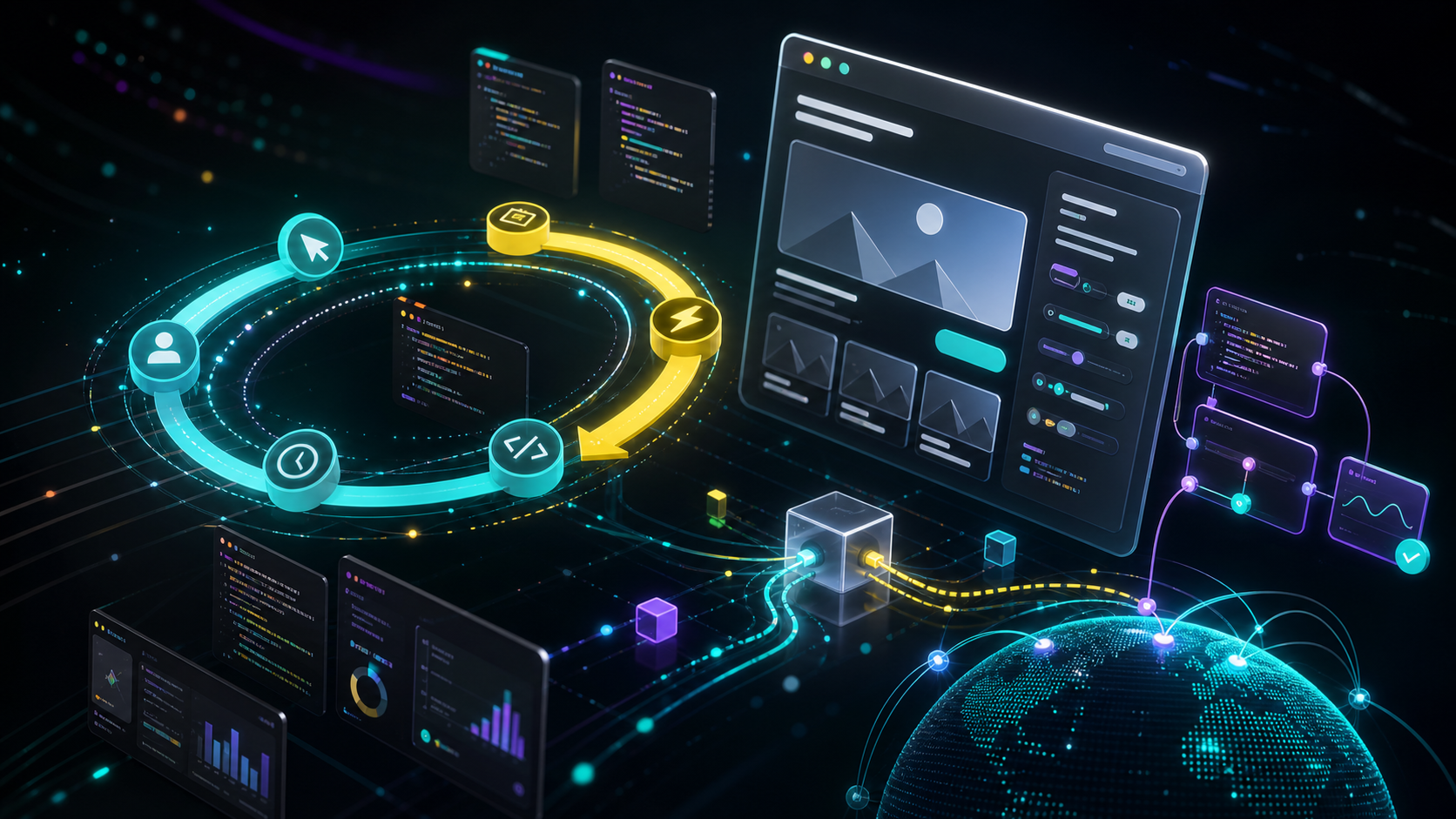 JavaScript development with interactive components, browser runtime, and event-driven interface