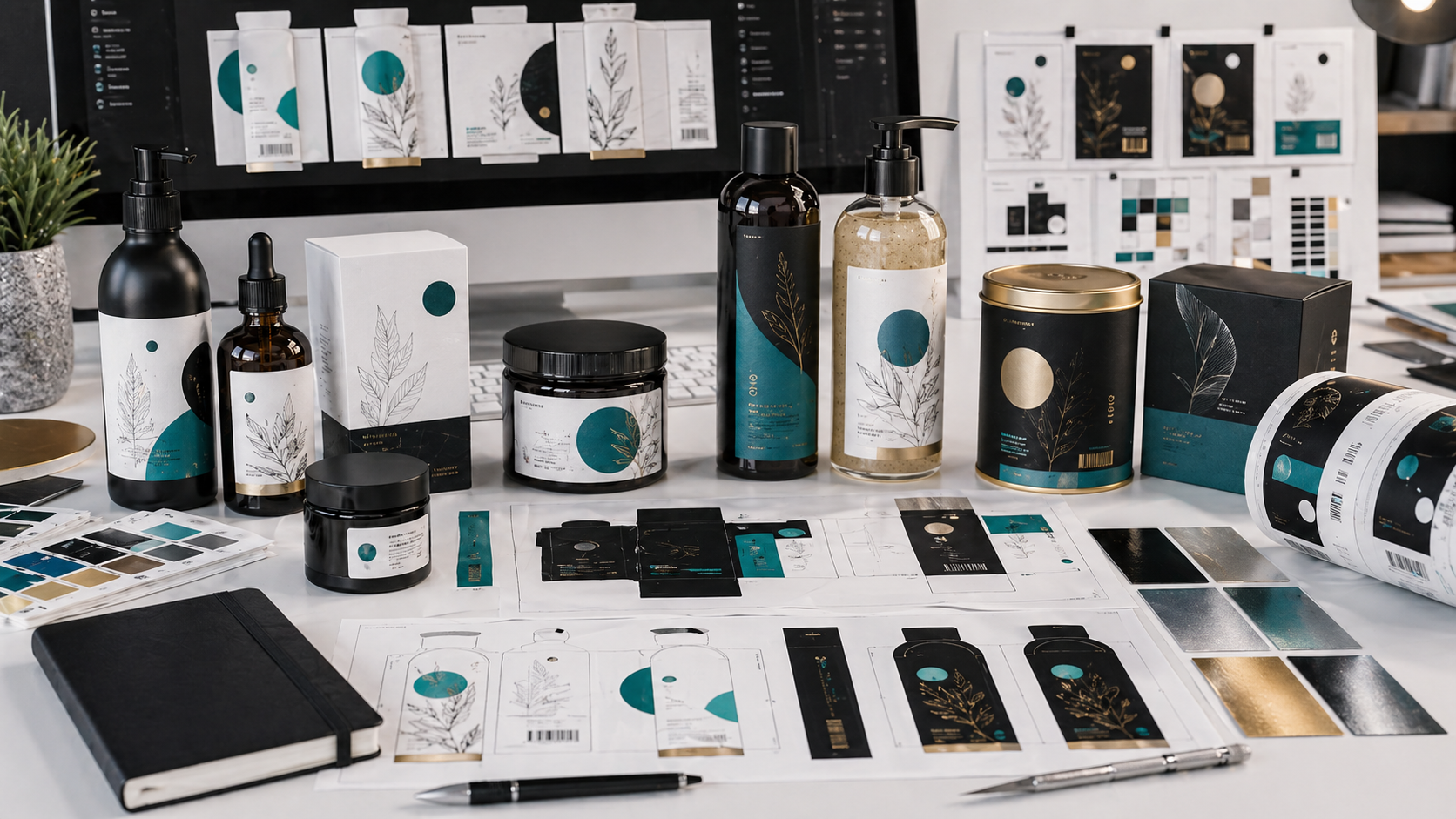 Product label design studio with bottle mockups, dielines, color proofs, and print finishes