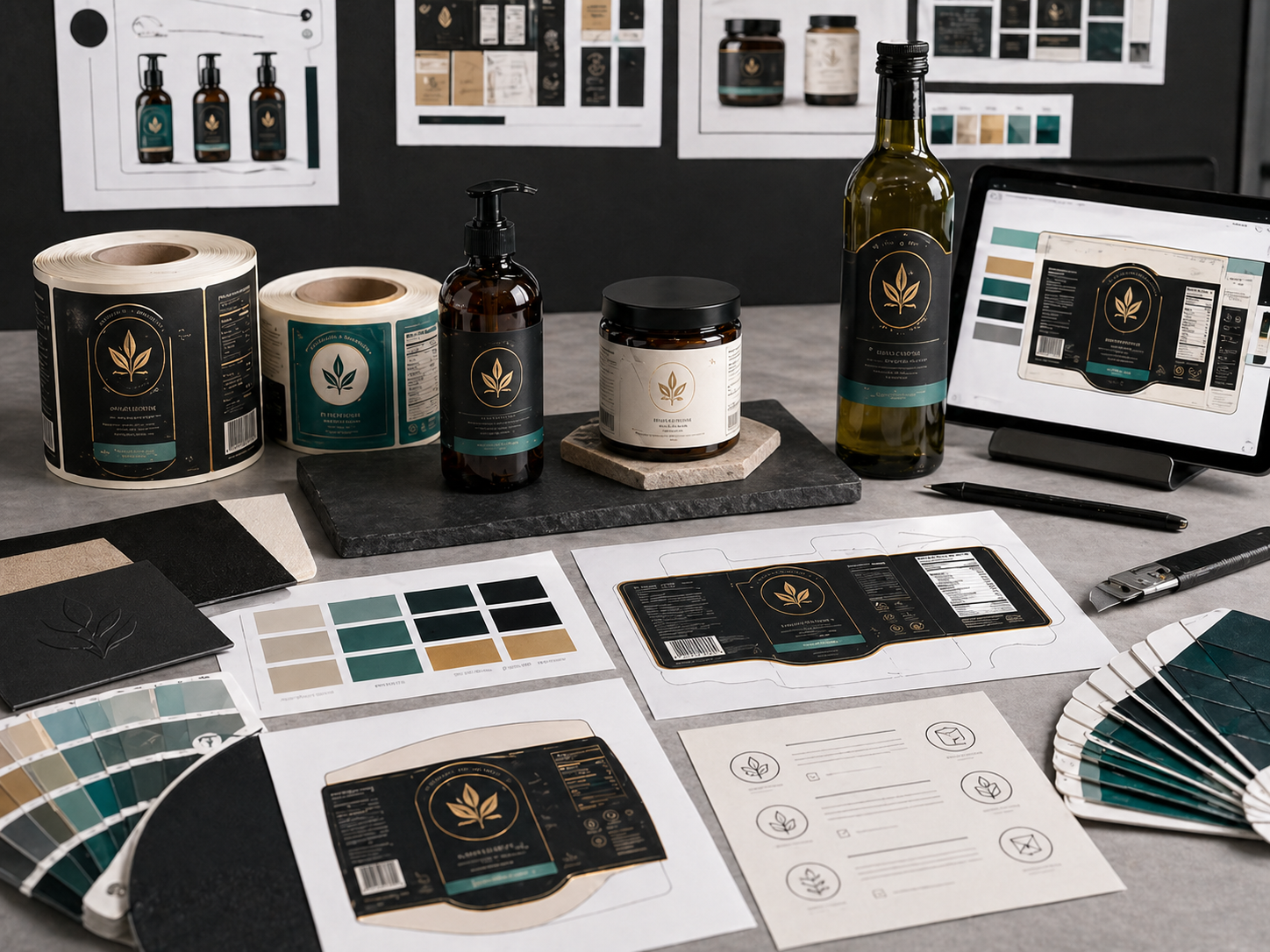 Product label design package with dielines, label rolls, bottle mockups, and color proofs