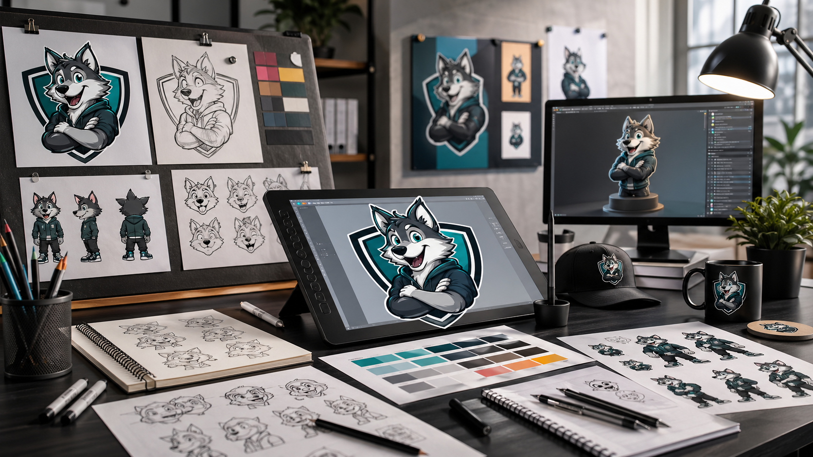 Mascot logo design studio with character sketches, pose sheets, and finished brand mascot artwork