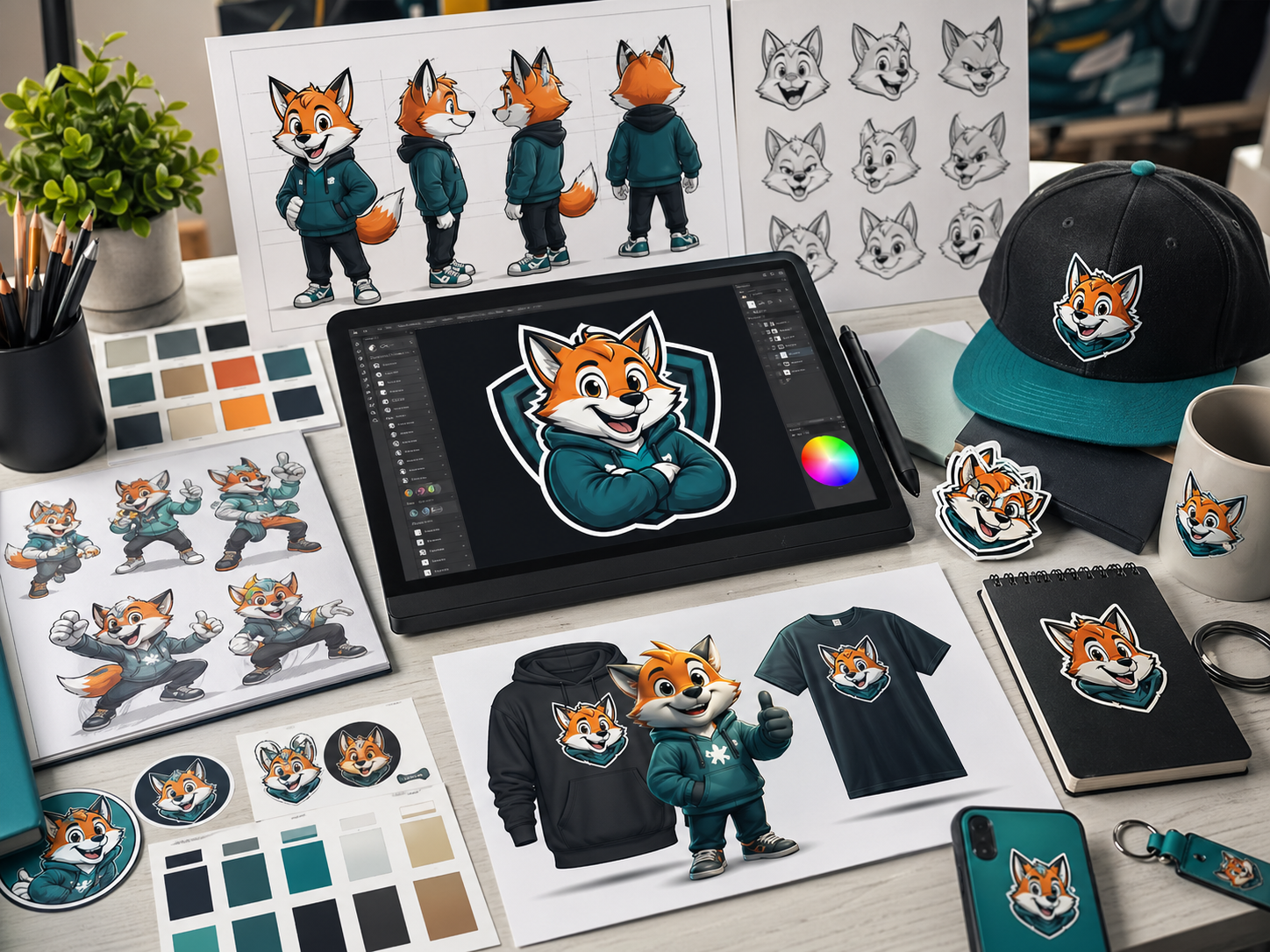 Mascot logo identity package with character turnarounds, expressions, poses, and merchandise applications