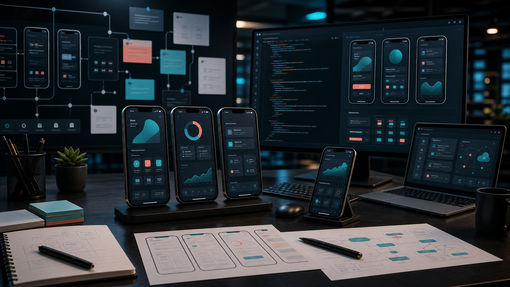 Mobile app development workspace with phone interface prototypes and product planning boards