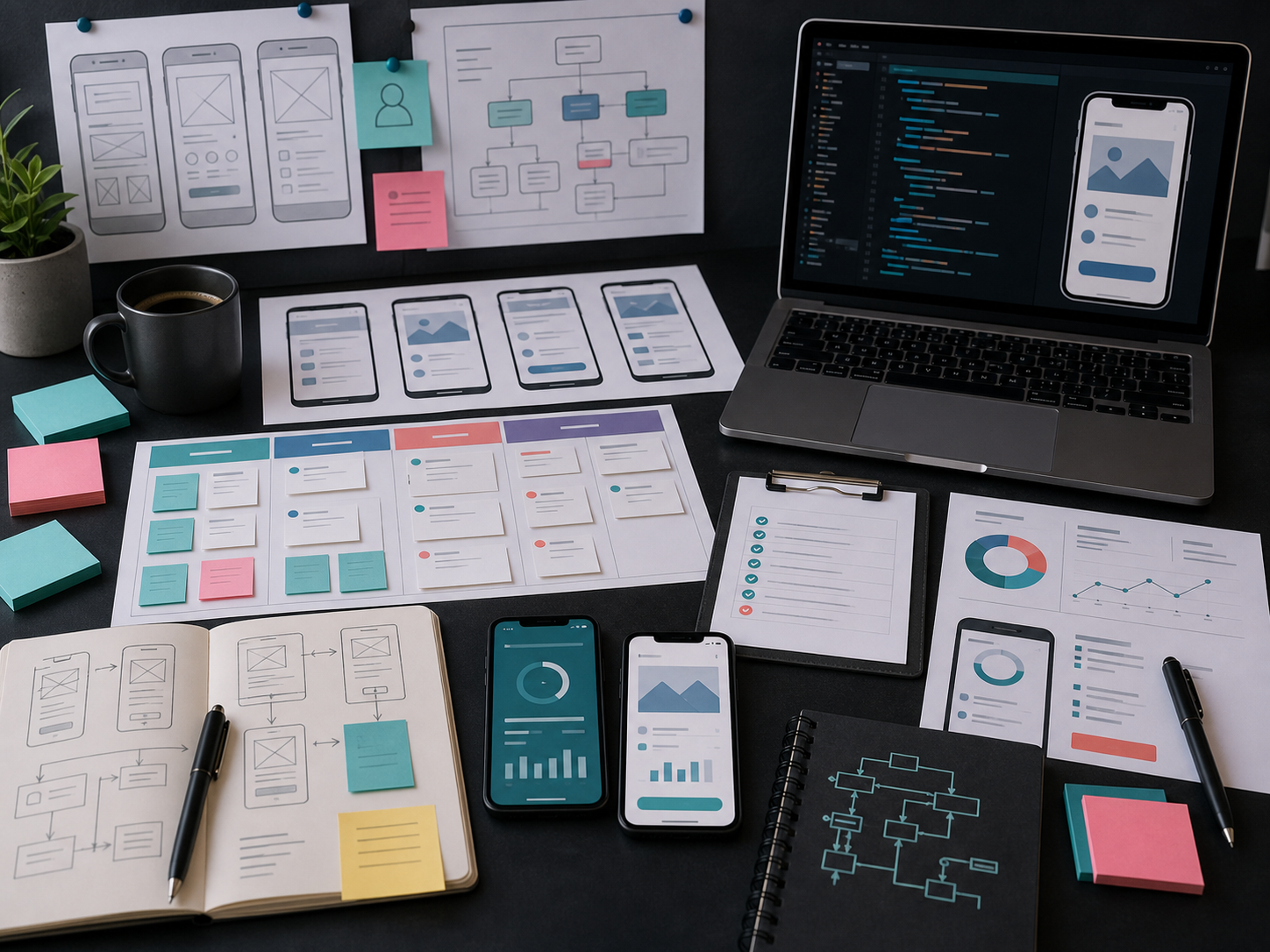 Mobile app development workflow with wireframes, sprint planning, and QA testing devices