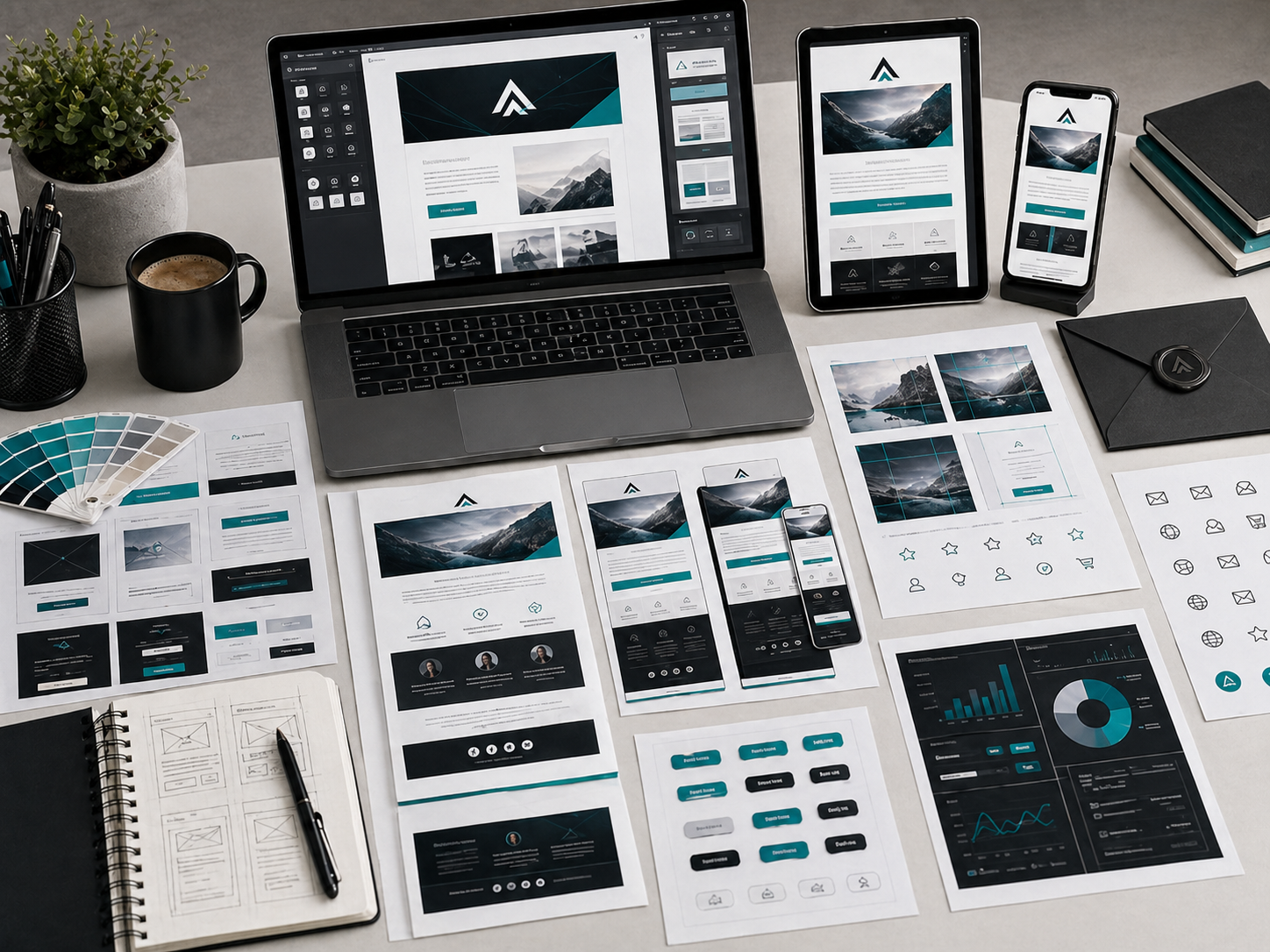 Newsletter design package with desktop and mobile email previews, modular blocks, CTA variants, and campaign layout sheets