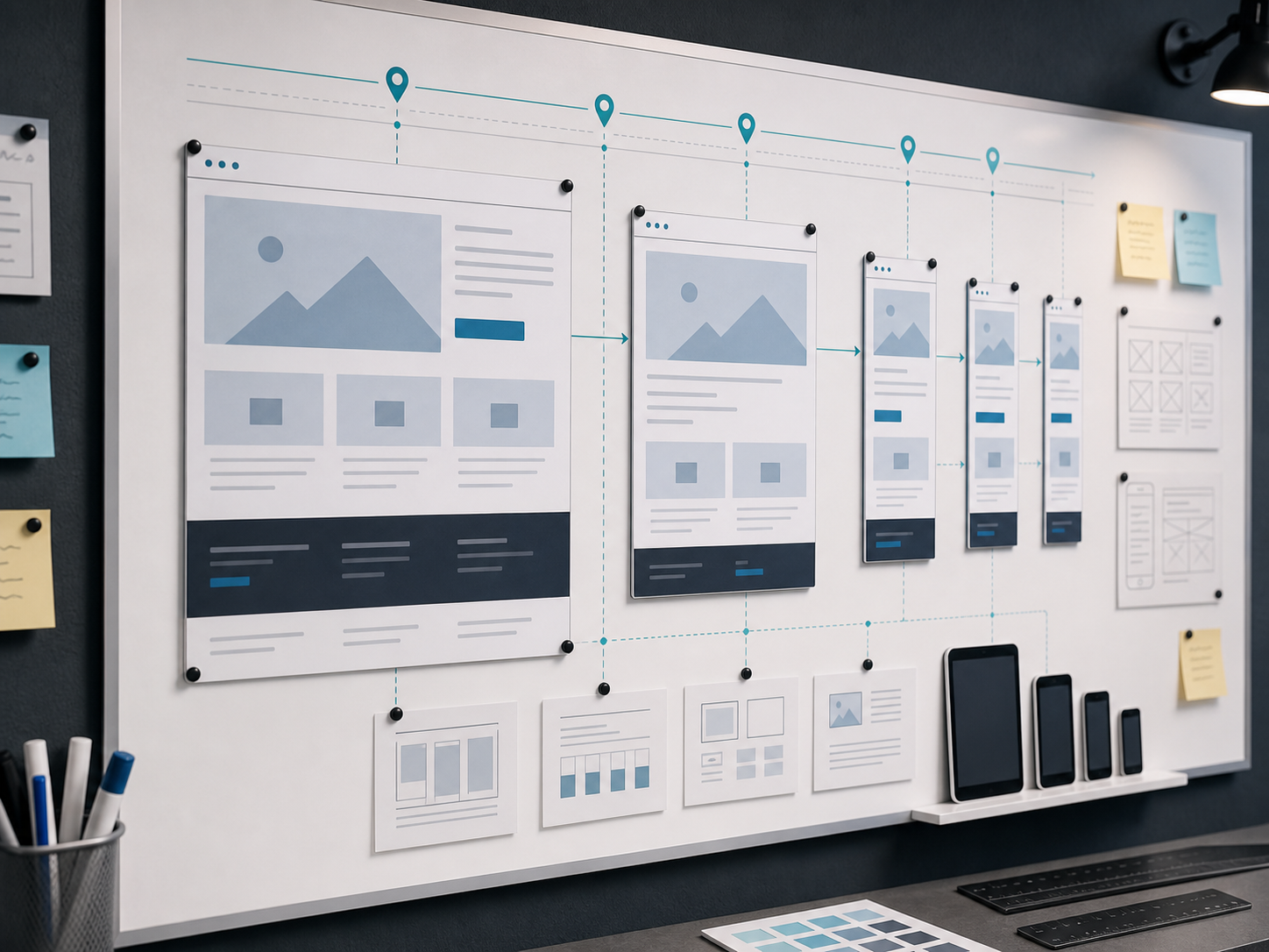 Responsive web design process with breakpoint planning and device layout testing
