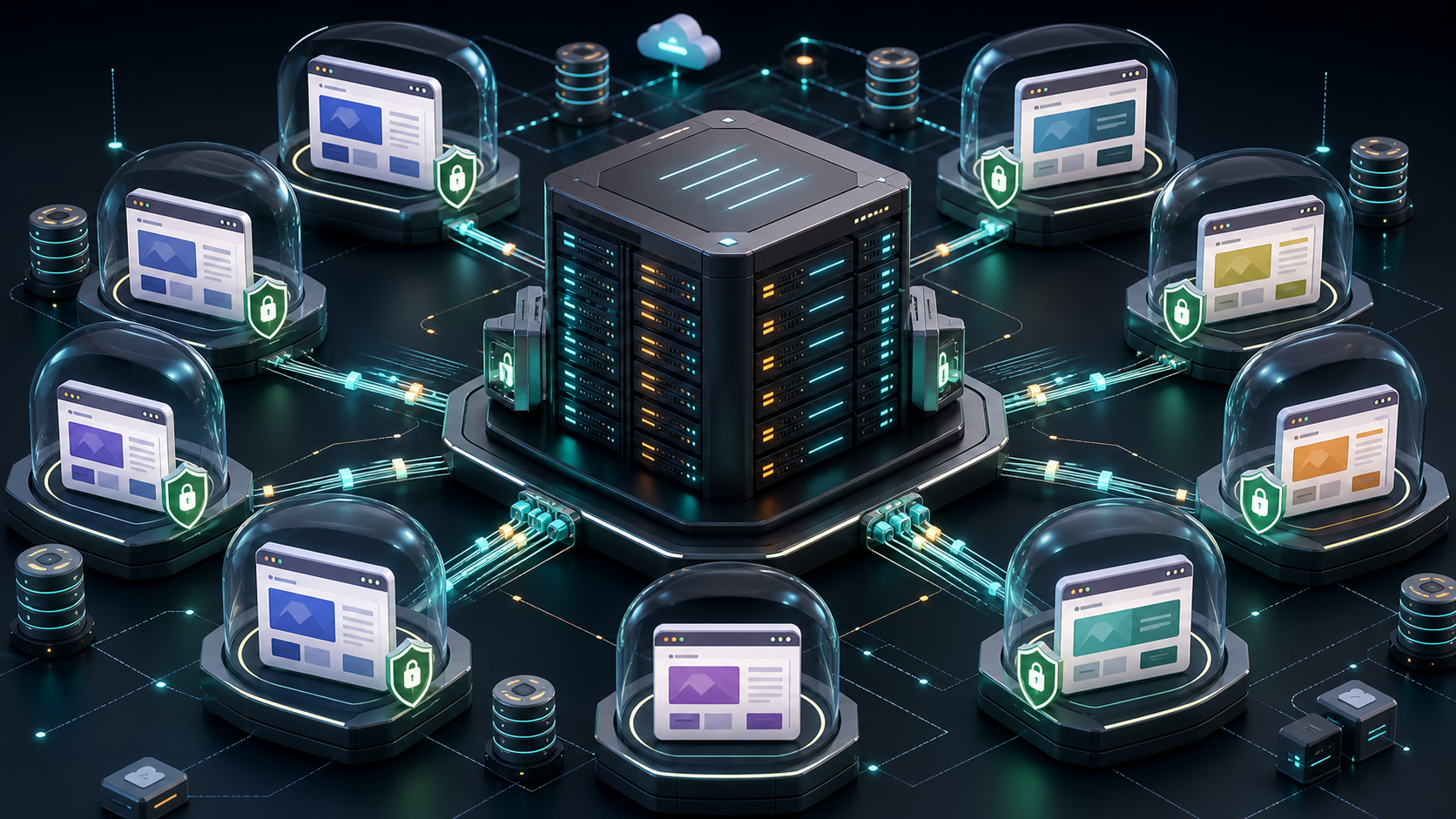 Shared hosting infrastructure with multiple websites running on managed server resources