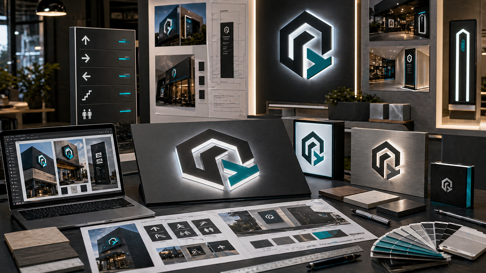 Signage design studio with storefront signs, wayfinding panels, illuminated letters, and material boards