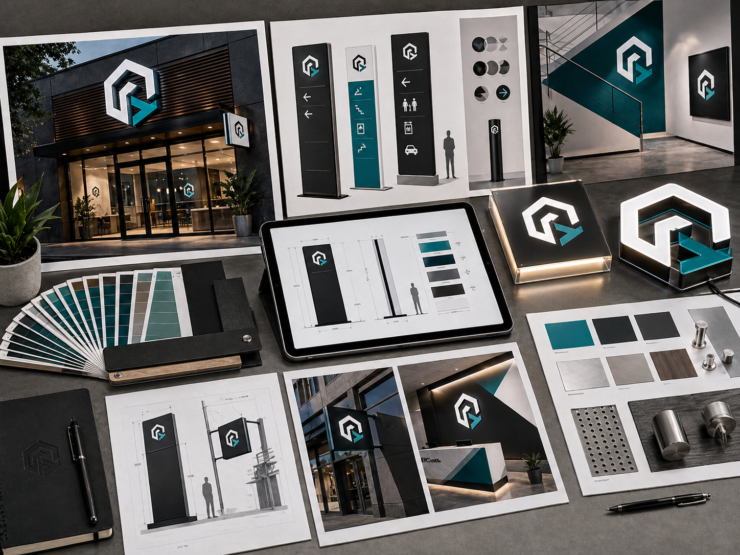 Signage design package with storefront render, wayfinding family, illuminated letters, and material samples