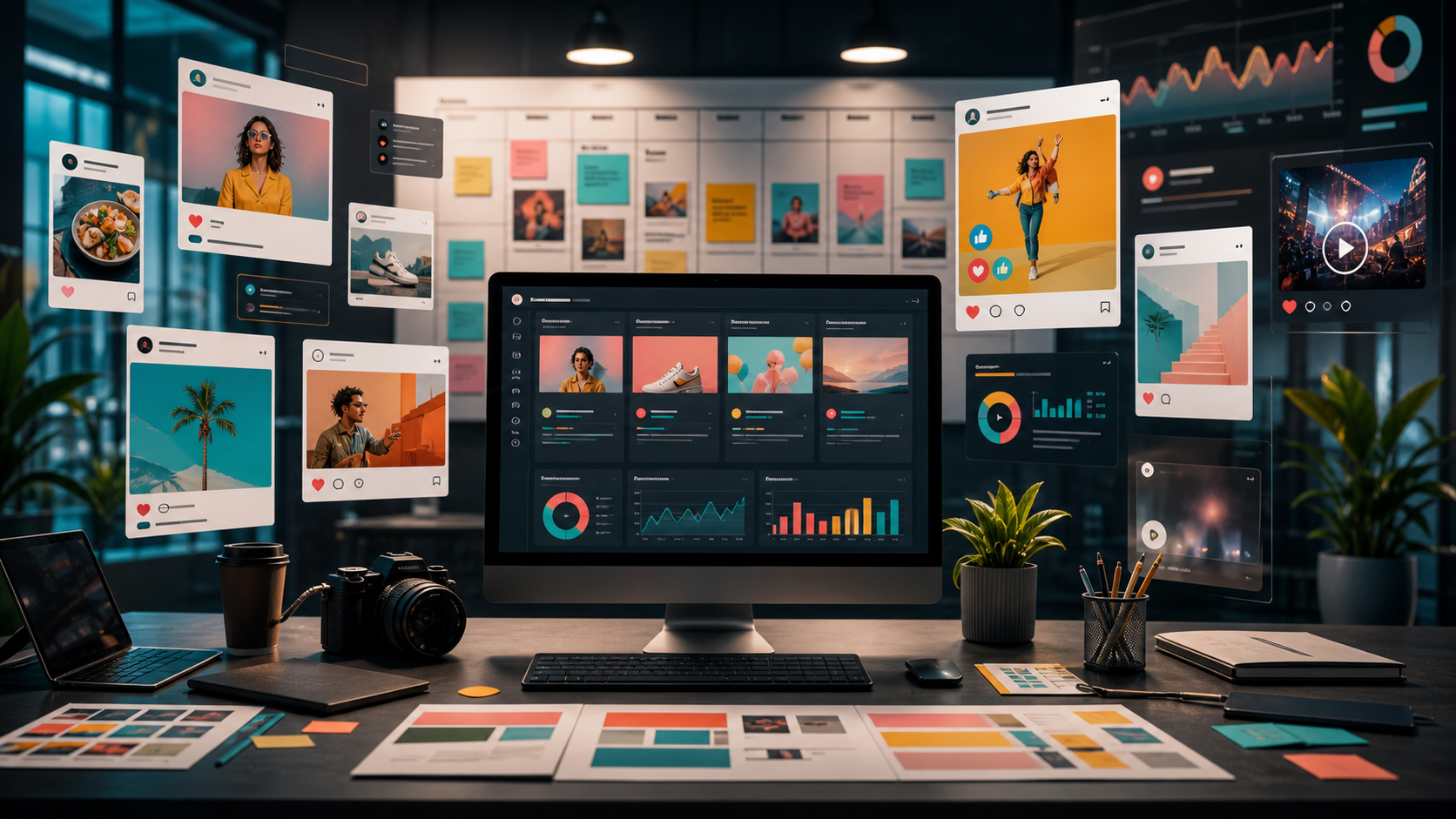 Social media marketing content calendar with engagement analytics and campaign creative