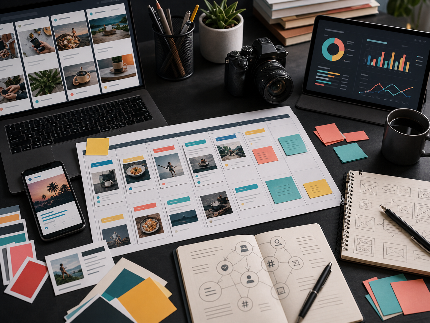 Social media marketing workflow with content planning, creative review, and analytics