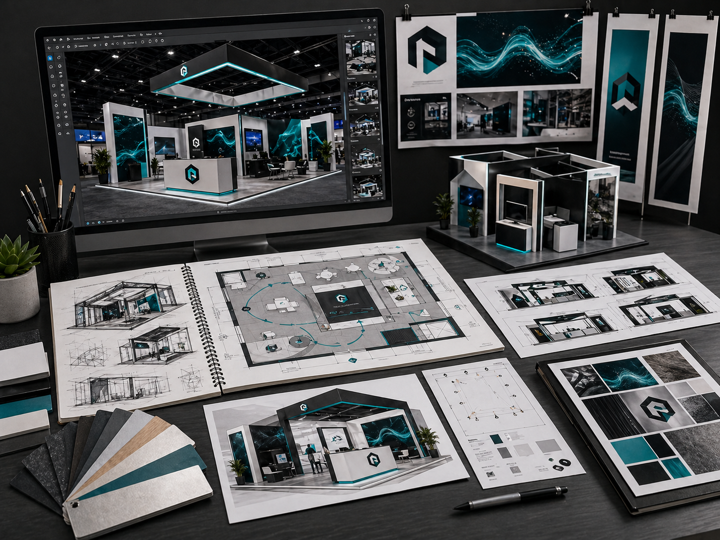 Tradeshow booth design package with floorplan, 3D render, graphic panels, lighting plan, and material samples